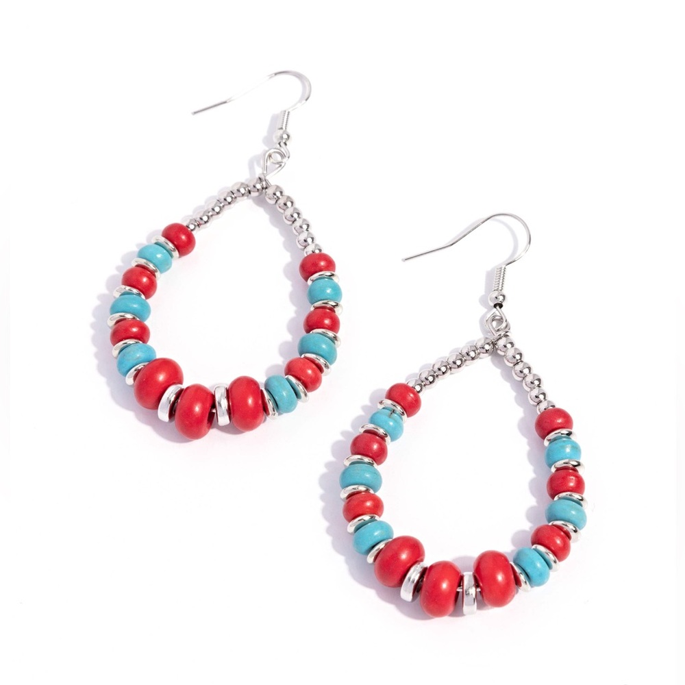 Red and Turquoise Marbled Bead Earrings
